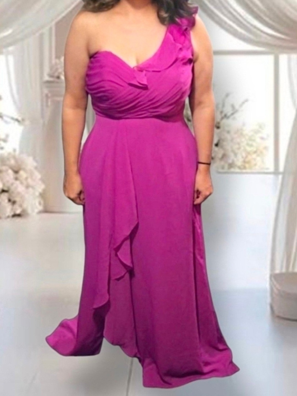 New with tags Fuchsia Ruched Ruffled One Shoulder Gown, Bridal, Prom Dress M 10